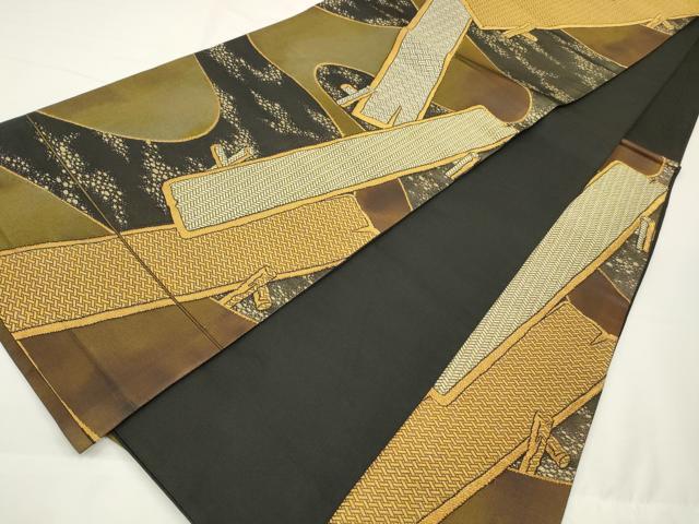 平和屋着物◎六通柄袋帯　幾何学文　黒地　金糸　正絹　逸品　CAAV0219qe