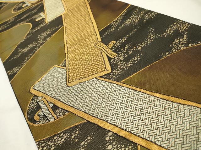 平和屋着物◎六通柄袋帯　幾何学文　黒地　金糸　正絹　逸品　CAAV0219qe