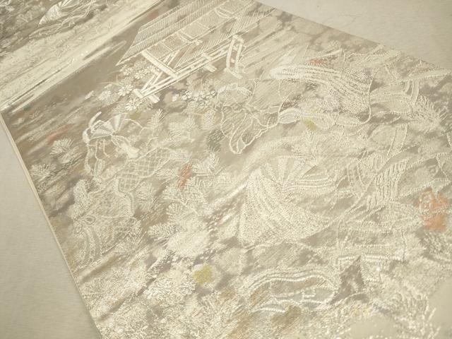 平和屋着物◎六通柄袋帯　人物風景文　銀糸　正絹　逸品　CAAV0260qe