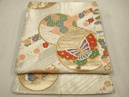 平和屋着物◎六通柄袋帯　唐織　花蝶丸文　金糸　正絹　逸品　CAAV0262qe