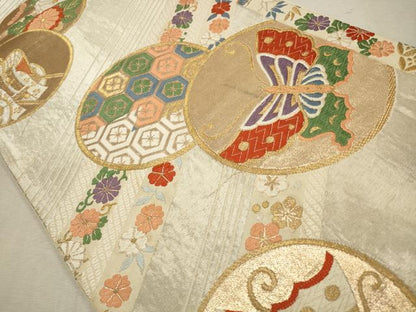 平和屋着物◎六通柄袋帯　唐織　花蝶丸文　金糸　正絹　逸品　CAAV0262qe