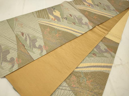 平和屋着物◎六通柄袋帯 ふくれ織 枝松風景文 金糸 正絹 逸品 CAAV0322qe