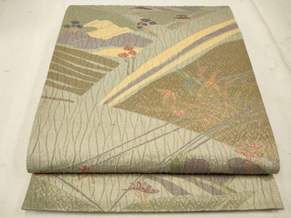 平和屋着物◎六通柄袋帯 ふくれ織 枝松風景文 金糸 正絹 逸品 CAAV0322qe