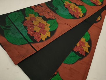 平和屋着物◎六通柄袋帯　紫陽花　黒地　正絹　逸品　CAAV0332qe