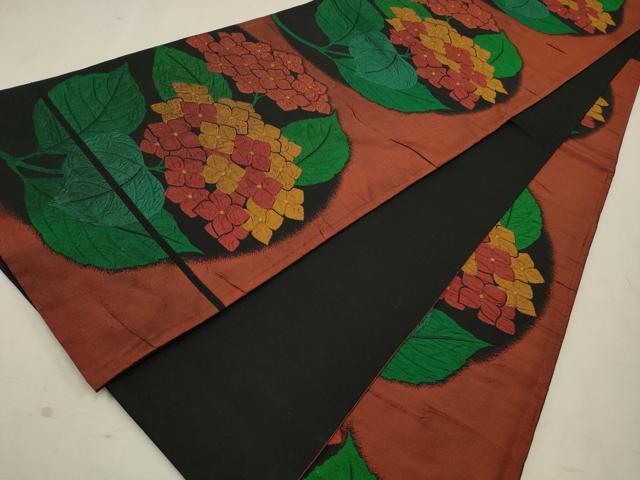 平和屋着物◎六通柄袋帯　紫陽花　黒地　正絹　逸品　CAAV0332qe