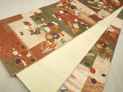 平和屋着物◎六通柄袋帯　唐織　扇面花文　金銀糸　正絹　逸品　CAAV0384qe