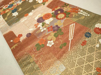 平和屋着物◎六通柄袋帯　唐織　扇面花文　金銀糸　正絹　逸品　CAAV0384qe