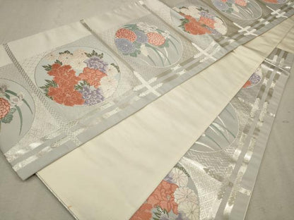 平和屋着物◎六通柄袋帯　唐織　天井花丸文　銀糸　正絹　逸品　CAAV0391qe