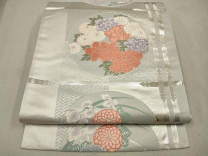 平和屋着物◎六通柄袋帯　唐織　天井花丸文　銀糸　正絹　逸品　CAAV0391qe