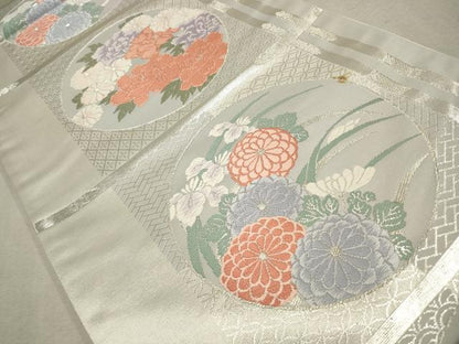 平和屋着物◎六通柄袋帯　唐織　天井花丸文　銀糸　正絹　逸品　CAAV0391qe