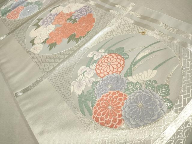 平和屋着物◎六通柄袋帯　唐織　天井花丸文　銀糸　正絹　逸品　CAAV0391qe