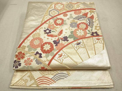 平和屋着物◎六通柄袋帯　唐織　舞蝶花文　金糸　正絹　逸品　CAAV0395qe