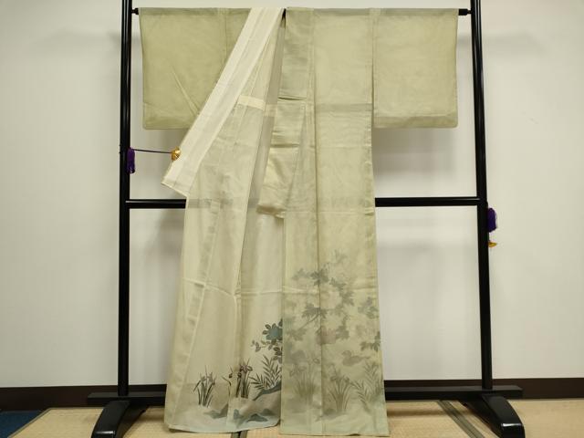 平和屋着物▽訪問着 単衣 無双 紗袷 紗×紗 休み鳥草花文 正絹 逸品 CAAV0892ou