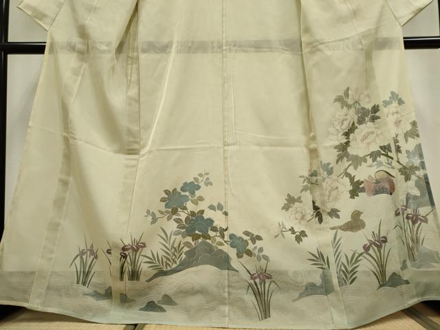 平和屋着物▽訪問着 単衣 無双 紗袷 紗×紗 休み鳥草花文 正絹 逸品 CAAV0892ou