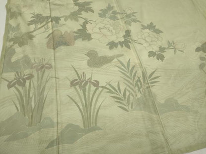平和屋着物▽訪問着 単衣 無双 紗袷 紗×紗 休み鳥草花文 正絹 逸品 CAAV0892ou