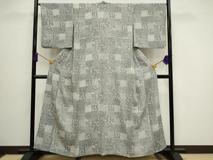 平和屋着物▽上質な小紋　単衣　市松草花文　正絹　逸品　CAAV0894ou