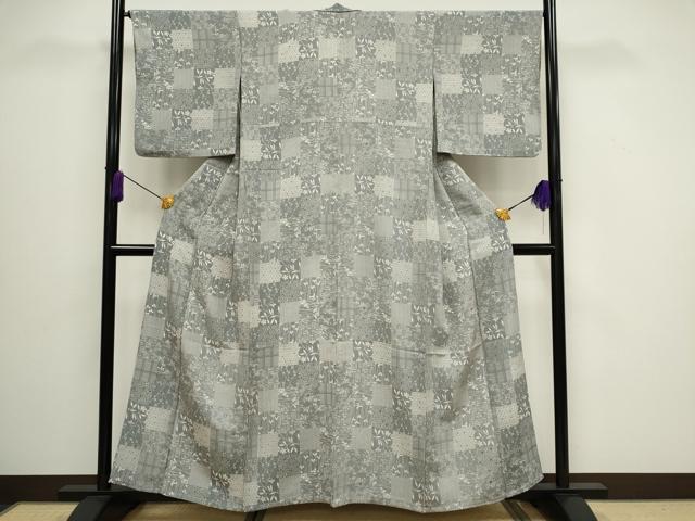 平和屋着物▽上質な小紋　単衣　市松草花文　正絹　逸品　CAAV0894ou