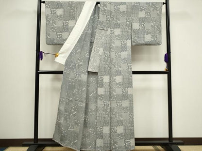 平和屋着物▽上質な小紋　単衣　市松草花文　正絹　逸品　CAAV0894ou