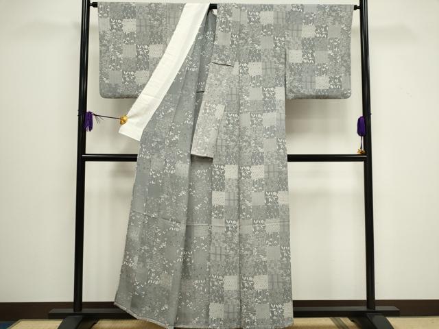 平和屋着物▽上質な小紋　単衣　市松草花文　正絹　逸品　CAAV0894ou