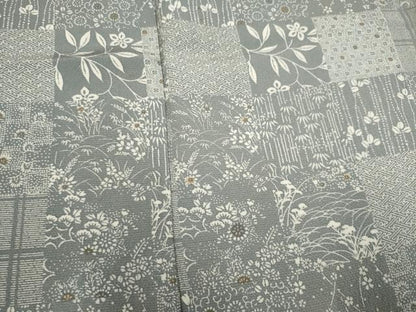 平和屋着物▽上質な小紋　単衣　市松草花文　正絹　逸品　CAAV0894ou
