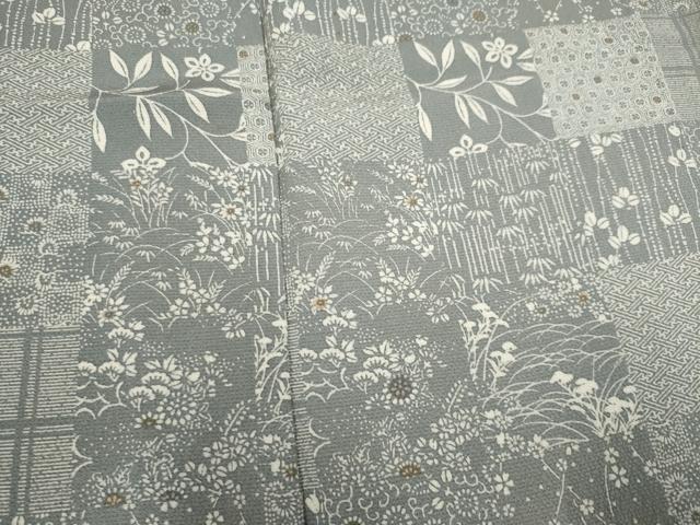 平和屋着物▽上質な小紋　単衣　市松草花文　正絹　逸品　CAAV0894ou