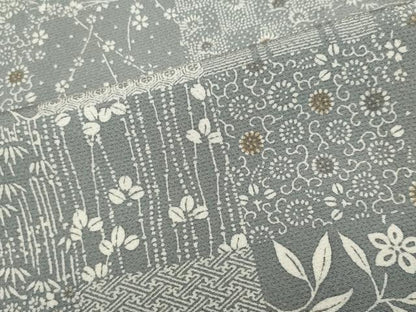 平和屋着物▽上質な小紋　単衣　市松草花文　正絹　逸品　CAAV0894ou