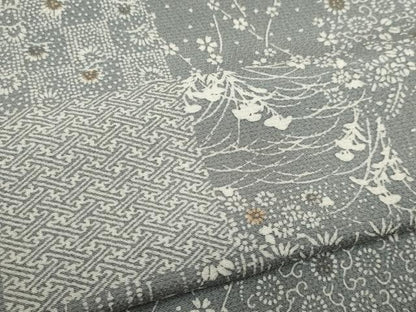 平和屋着物▽上質な小紋　単衣　市松草花文　正絹　逸品　CAAV0894ou