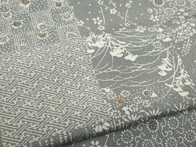 平和屋着物▽上質な小紋　単衣　市松草花文　正絹　逸品　CAAV0894ou