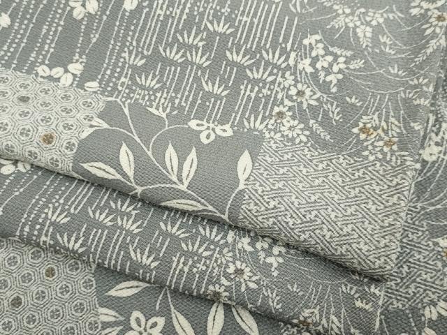 平和屋着物▽上質な小紋　単衣　市松草花文　正絹　逸品　CAAV0894ou