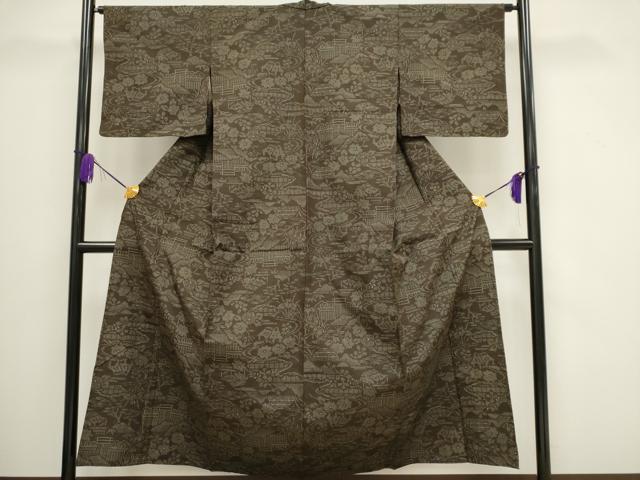 平和屋着物▽結城紬 単衣 100亀甲 流水風景花文 正絹 逸品 CAAV0897ou