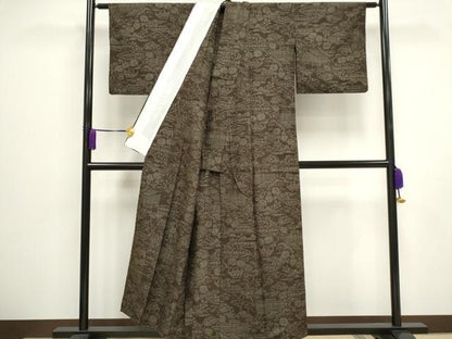 平和屋着物▽結城紬 単衣 100亀甲 流水風景花文 正絹 逸品 CAAV0897ou