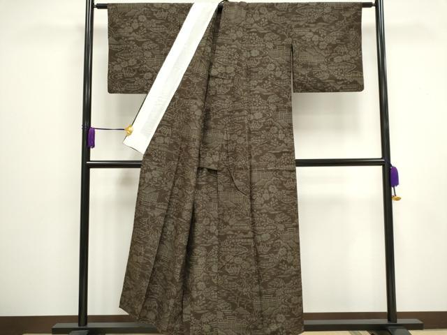 平和屋着物▽結城紬 単衣 100亀甲 流水風景花文 正絹 逸品 CAAV0897ou