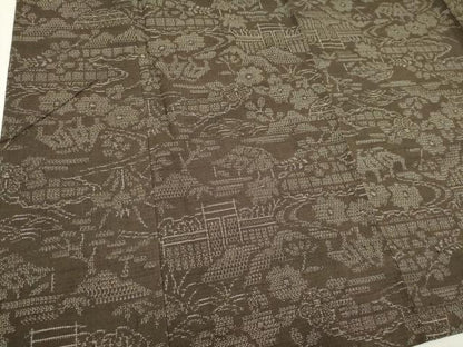 平和屋着物▽結城紬 単衣 100亀甲 流水風景花文 正絹 逸品 CAAV0897ou