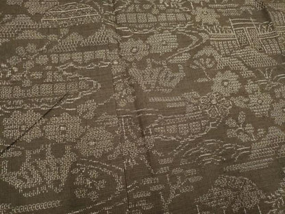 平和屋着物▽結城紬 単衣 100亀甲 流水風景花文 正絹 逸品 CAAV0897ou