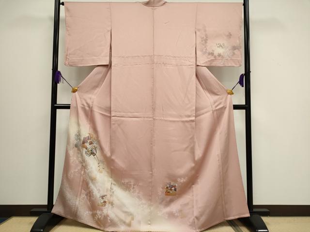 平和屋着物▽訪問着 単衣 色紙重ね花車文 暈し染め 金銀彩 正絹 逸品 CAAV0901ou