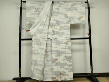 平和屋着物▽上質な小紋　単衣　エ霞地紙重ね風景文　金銀彩　正絹　逸品　CAAV0951ou