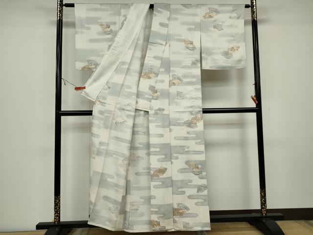 平和屋着物▽上質な小紋　単衣　エ霞地紙重ね風景文　金銀彩　正絹　逸品　CAAV0951ou