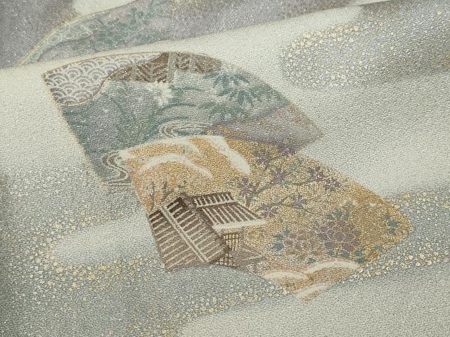 平和屋着物▽上質な小紋　単衣　エ霞地紙重ね風景文　金銀彩　正絹　逸品　CAAV0951ou