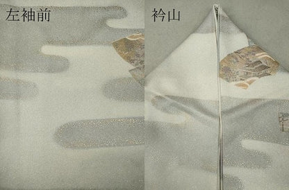 平和屋着物▽上質な小紋　単衣　エ霞地紙重ね風景文　金銀彩　正絹　逸品　CAAV0951ou