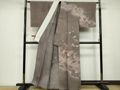 平和屋着物▽訪問着 単衣 舞蝶枝花文 ふくれ織 金彩 正絹 逸品 CAAV0953ou