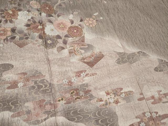 平和屋着物▽訪問着 単衣 舞蝶枝花文 ふくれ織 金彩 正絹 逸品 CAAV0953ou