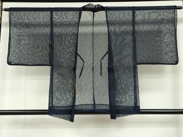 平和屋着物▽上質な色無地 単衣 スリーシーズン 春夏秋 塵除け 羽織 枝葉紋紗 紺青色 正絹 逸品 CAAV0954ou