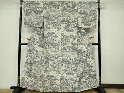 平和屋着物▽上質な小紋 単衣 風景文 正絹 逸品 CAAV0956ou