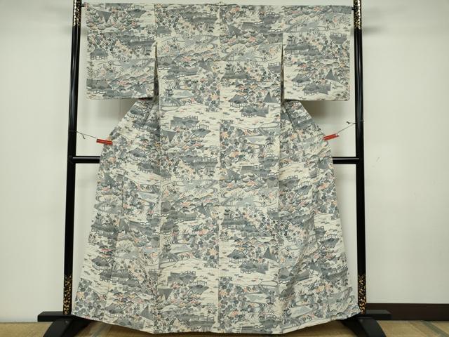 平和屋着物▽上質な小紋 単衣 風景文 正絹 逸品 CAAV0956ou