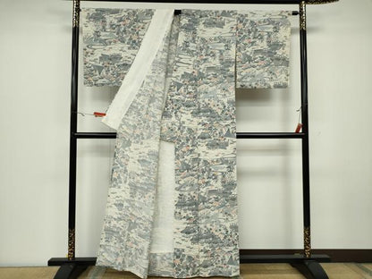 平和屋着物▽上質な小紋 単衣 風景文 正絹 逸品 CAAV0956ou