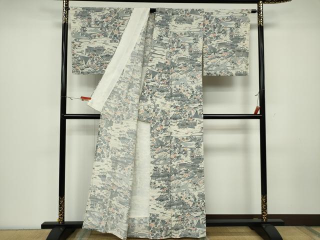 平和屋着物▽上質な小紋 単衣 風景文 正絹 逸品 CAAV0956ou