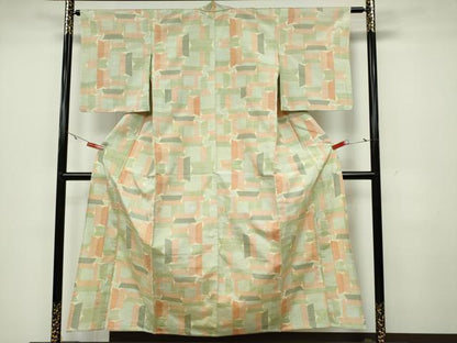 平和屋着物▽上質な紬　単衣　幾何学文様　正絹　逸品　CAAV0961ou