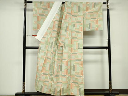 平和屋着物▽上質な紬　単衣　幾何学文様　正絹　逸品　CAAV0961ou