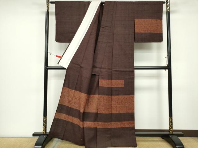 平和屋着物▽訪問着 単衣 紬地 型染め 横段花文 正絹 逸品 未使用 CAAV0962ou