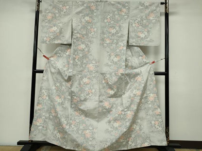 平和屋着物▽上質な紬　単衣　草木文　正絹　逸品　CAAV0984ou